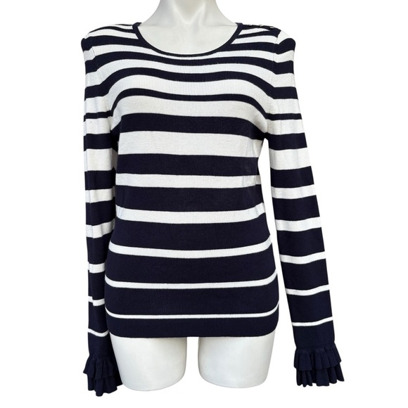 White House Black Market Sweaters - White House Black Market Navy White Stripe Ruffle Cuff Sweater Medium
